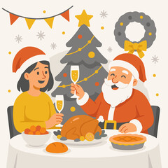 Flat-style digital illustration of Santa and woman sharing festive dinner at Christmas table with classic holiday dishes.