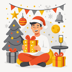 Flat-style illustration of a child decorating a Christmas tree with Santa in a festive indoor setting.
