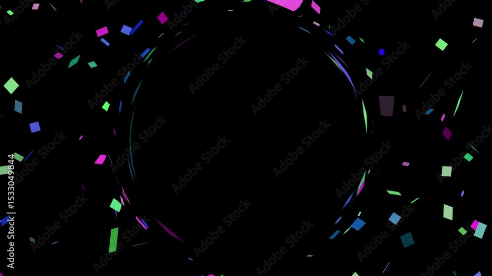 Poster video of particle pixel floating around a circular frame with neon lighting and black hole effect. s