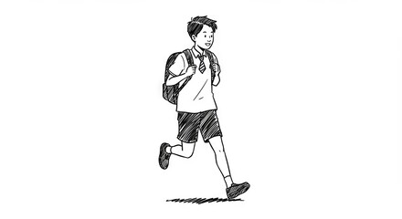 Fototapeta premium Cheerful young boy wearing a school uniform with a backpack, happily running against a plain white background, vibrant concept of educational supplies or children's apparel.