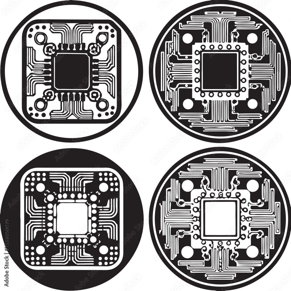 Poster black and white digital vector icons depicting electronic circuit board components and computer hard