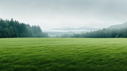 Obraz premium Lush Green Grass Meadow Surrounded by Misty Mountains and Forests