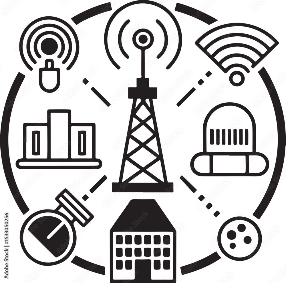 Poster wireless network and radio tower icons symbolize internet communication and mobile signal technology