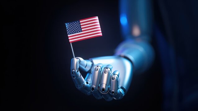 A silver robotic hand holding a small waving U.S. flag in a dark futuristic setting, symbolizing AI and American innovation - Powered by Adobe