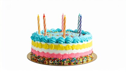 colorful birthday cake with candles. isolated on white background
