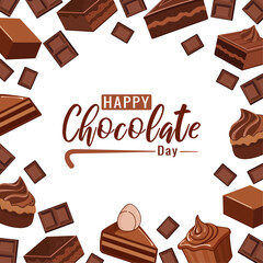 Vector illustration of chocolate cupcakes and cake slices on white background. Perfect for World Chocolate Day, bakery branding, kids designs, festive packaging, cafe menu, textile prints, and decorat