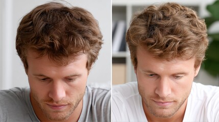 Before and after comparison of hair growth on top of the head showcasing improvement with an oil cream treatment