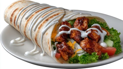 Savory chicken wrap showcases melted cheddar cheese, crisp lettuce, and juicy tomato, all drizzled with a creamy sauce for taste