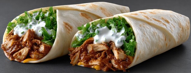 Savory chicken wrap showcases melted cheddar cheese, crisp lettuce, and juicy tomato, all drizzled with a creamy sauce for taste