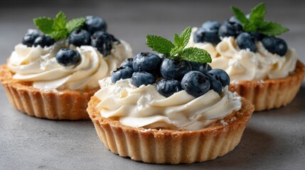 Indulge in the creamy texture of lemon tarts adorned with blueberries, showcasing fresh ingredients and elegant presentation
