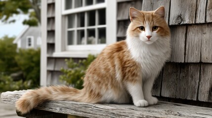 Soft lighting highlights the beauty of a long-haired orange and white cat sitting calmly on a rustic bench near a wooden house