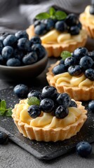Indulge in the creamy texture of lemon tarts adorned with blueberries, showcasing fresh ingredients and elegant presentation
