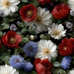 Floral arrangement of red poppies, white daisies, and blue gerberas in a detailed, fantasy-style oil painting SEAMLESS PATTERN