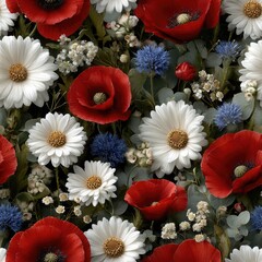 Floral arrangement of red poppies, white daisies, and blue gerberas in a detailed, fantasy-style oil painting SEAMLESS PATTERN