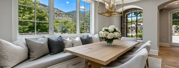 Stylish dining room showcases a wooden table set for dinner with large windows framing breathtaking mountain vistas and abundant greenery