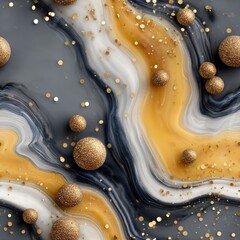 Swirling patterns of yellow and blue liquid create an abstract marbling effect on a dark grey surface adorned with golden glitter SEAMLESS PATTERN