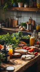Fresh ingredients beautifully arranged in a rustic kitchen. Vibrant colors and textures invite creativity in cooking. Nature meets culinary art in perfect harmony. Generative AI