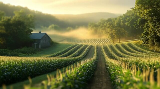 Golden morning sunlight illuminates lush green corn rows as mist drifts gently over the rolling farmland. A quaint farmhouse nestles beside the field in this serene countryside view.