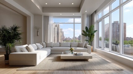 Spacious living area offers a serene atmosphere with sunset views, elegant furniture, and modern design featuring large windows