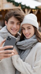 Happy couple captures a joyful selfie surrounded by colorful decorations and warm lights at a bustling market during winter