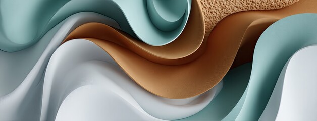 Curvilinear forms intertwine in muted green and beige shades, showcasing a soothing interplay of light and texture in a minimalist style