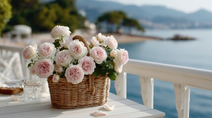 A charming wicker basket adorned with pink roses rests on a stylish balcony, offering a stunning view of the beach and mountains