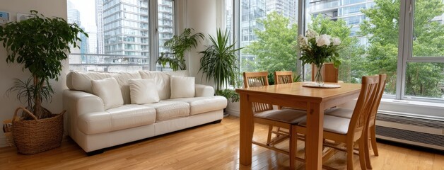 Bright living area showcases a white sofa, wooden floors, and city views through spacious windows, blending simplicity with urban elegance