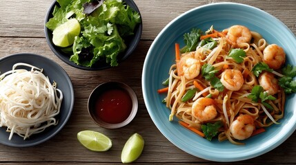 An appetizing plate of pad thai with shrimp garnished with lime and cilantro, accompanied by fresh ingredients on a rustic wooden table