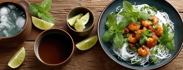 An appetizing plate of pad thai with shrimp garnished with lime and cilantro, accompanied by fresh ingredients on a rustic wooden table