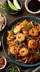 An appetizing plate of pad thai with shrimp garnished with lime and cilantro, accompanied by fresh ingredients on a rustic wooden table