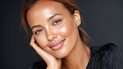 Close-up of a model with subtle makeup emphasizes her soft pink blush and glossy skin, radiating elegance in warm lighting