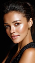 Close-up of a model with subtle makeup emphasizes her soft pink blush and glossy skin, radiating elegance in warm lighting