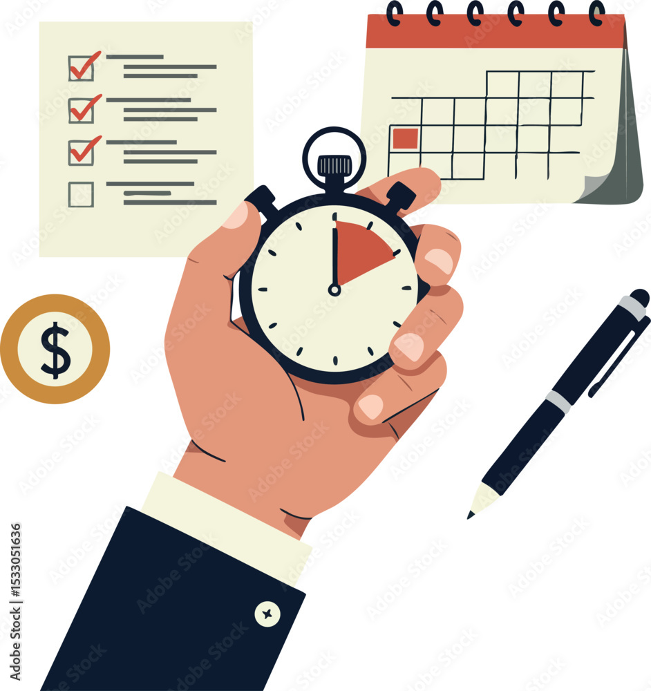 Poster hand holding stopwatch with calendar checklist pen and dollar icon for time management and productiv