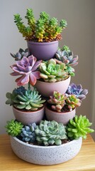 A vibrant collection of succulents arranged in varying pots. Each layer displays lush greenery and unique colors. This creates a beautiful natural decor piece. Generative AI