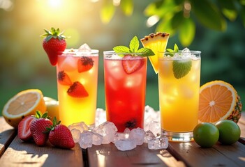 Fototapeta premium vibrant ice filled beverages rustic wooden table refreshing summer quenchers colorful summer drinks, glass, cocktail, frost, refreshment, tropical, soda, tea