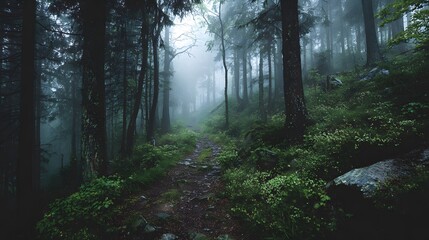 Naklejka premium Misty trail winding through an ancient, shadowy forest hidden beneath a thick blanket of fog
