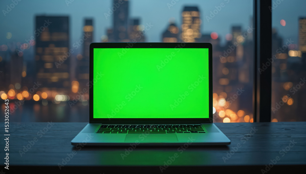 Leinwandbilder laptop with green screen on wooden desk with city skyline blurred background at twilight. technology