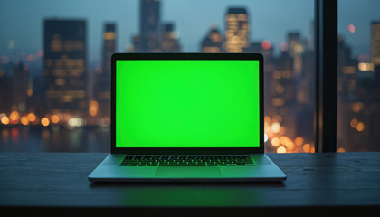 Laptop with green screen on wooden desk with city skyline blurred background at twilight. Technology business concept. Empty space for graphic, text. Display mockup for website design, presentation.