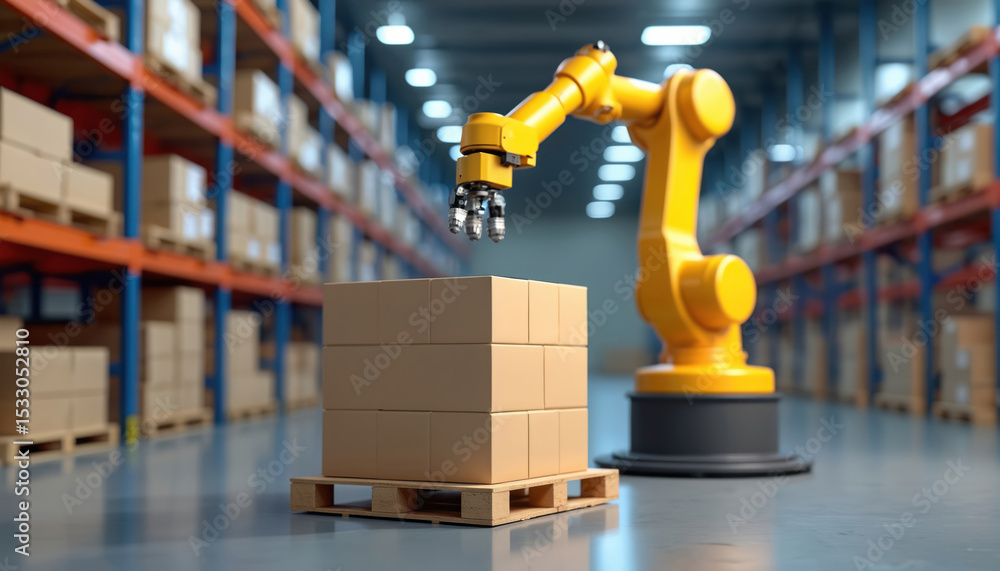 Poster robotic palletizing system stacks goods on pallet in distribution center. automated warehouse techno