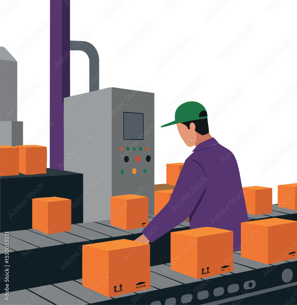 Poster worker operating packaging machine with orange boxes in industrial factory setting