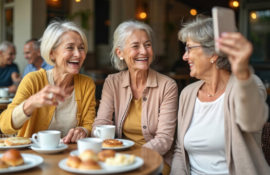 Three senior women enjoy breakfast, drinks coffee at cafe. Mature ladies take selfie picture with smartphone, sharing social media content with friends. Friendship, lifestyle concept, happy together,