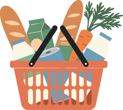 Grocery basket with bread milk carrot and canned food flat vector illustration 