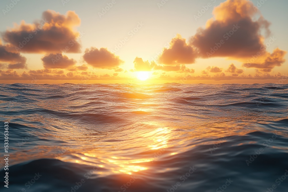 Poster sunset over the ocean showing vibrant colors and calm waves in the horizon during late evening hours