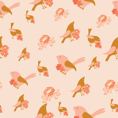 Whimsical seamless pattern with birds and bold florals folk-inspired vector