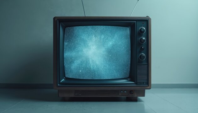 Retro CRT television with static noise on screen. Old TV set with antenna. Vintage television with buttons. Static snow noise on screen. Electrical media technology nostalgia.