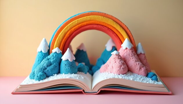 Whimsical scene with paper rainbow, clay mountains on book pages. Imaginative colourful landscape, art, creativity, fantasy illustration. Perfect for storytelling, children book design, decorative