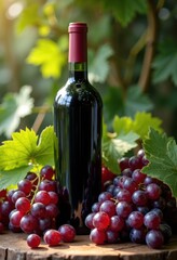 elegant wine bottle surrounded fresh grapes green leaves abundant vine arrangement rustic table decoration, red, white, ceramic, cork, label, cluster, nature