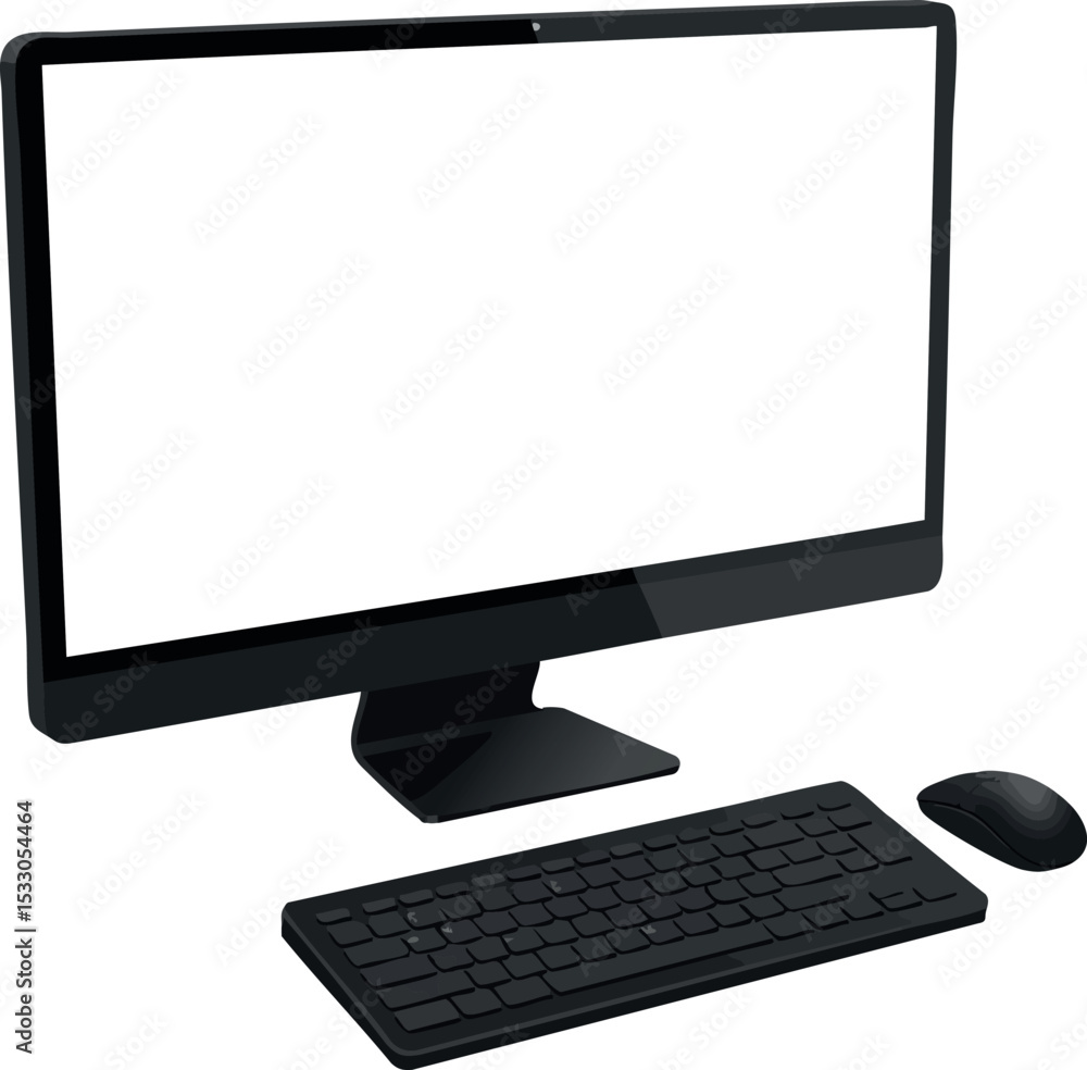Poster desktop computer monitor keyboard and mouse vector illustration technology equipment office setup