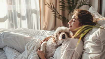Woman lies comfortably in bed with a small dog in hotel room, sharing a serene moment in a sunlit room filled with soft bedding and greenery enhancing the atmosphere