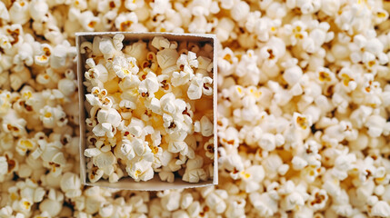 A box filled with fresh popcorn sits amidst a large pile of fluffy kernels, creating a warm and inviting scene perfect for movie nights and casual snacking
